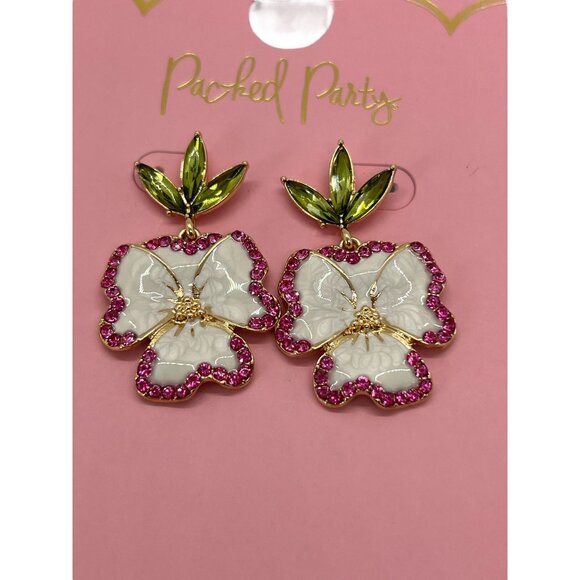 Packed Party Dangle Earrings Flowers Hibiscus Gold Tone Rhinestones 1.75" NEW - Picture 2 of 3